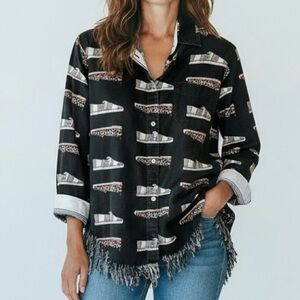 Tizzie Black Button-Up Shirt with Espadrille Print Size Medium Fringe Hem